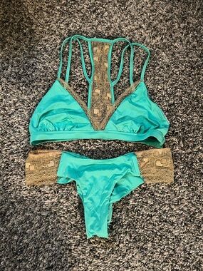 Beach Bunny Teal Bikini Set with Gold Lace Insets